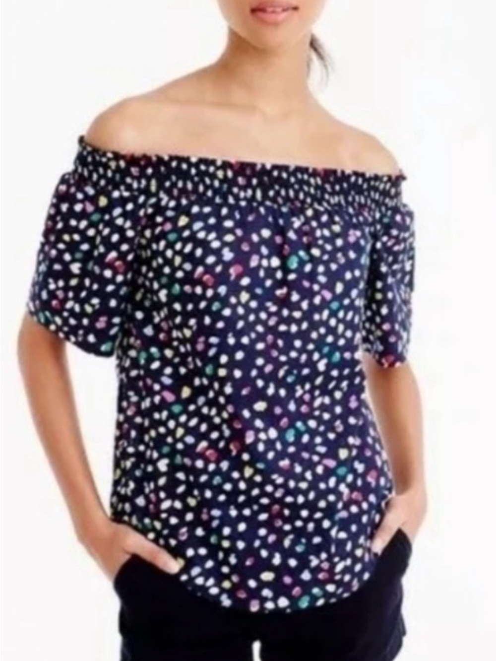 NWT J.Crew Ratti Cotton Print -         Off-Shoulder Navy Multi-dot Women's Top